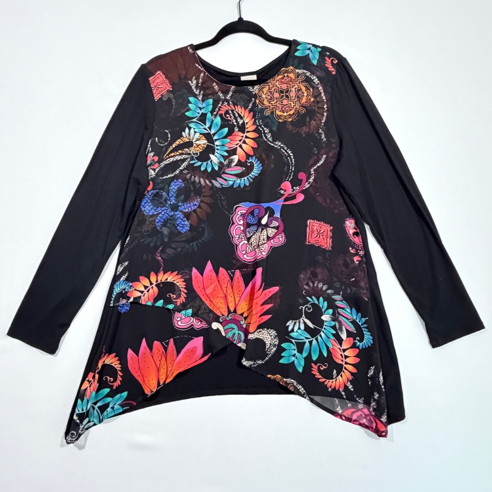 Chicos Womens Tunic Shirt Size 2 Large 12 Black Floral Sharkbite Artsy Boho
